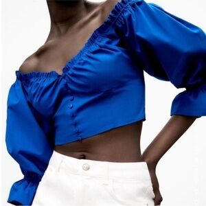 Zara Poplin Crop Top Blue 3/4 Long Sleeve Cropped V Neck Buttons Size XSzar
